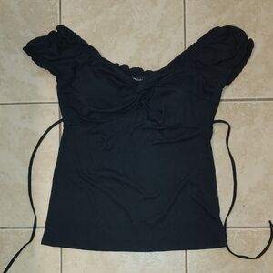 VTG Black Puff Sleeve Sweet Heart Neckline Shirt With Tie Women's Size M